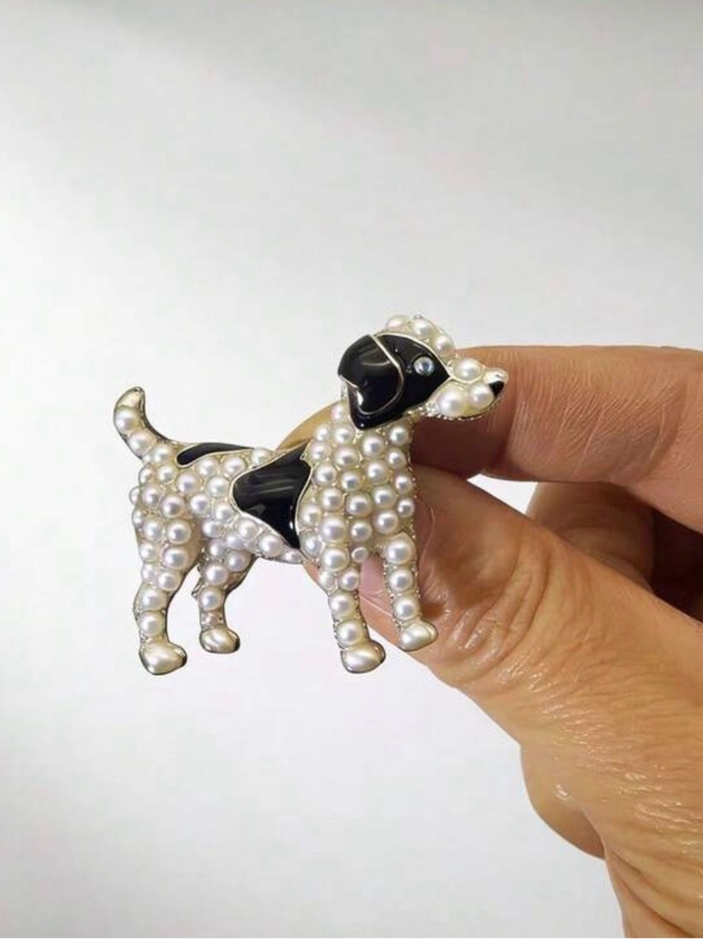 Pearl-Accent Black & White Dog Brooch Pin
